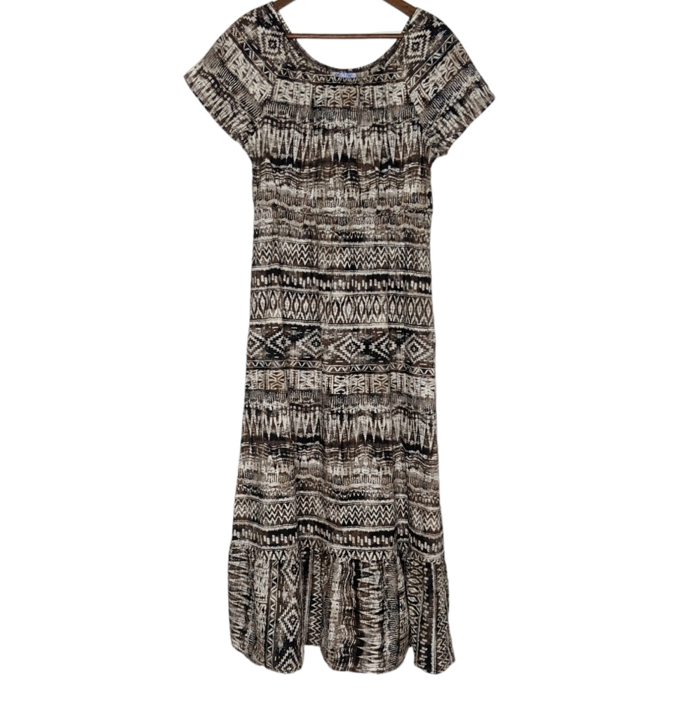 Blair Boho Tribal Print Midi Dress Peasant Top Ruffle Skirt Neutral Medium - Picture 4 of 6